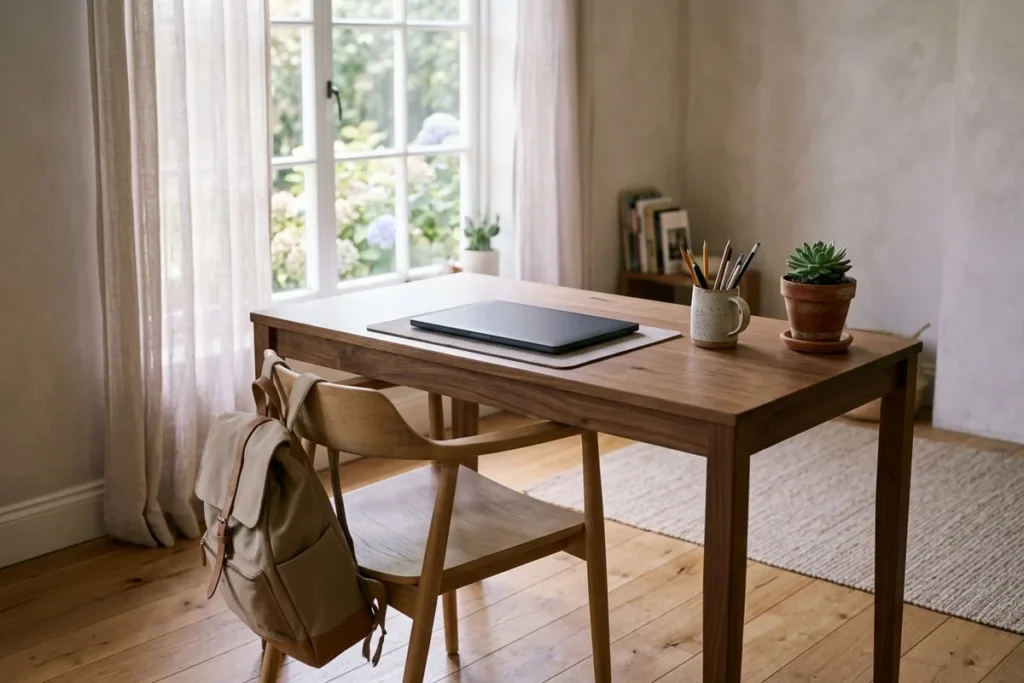 A study desk with a closed laptop, a canvas backpack and a small cactus by a window