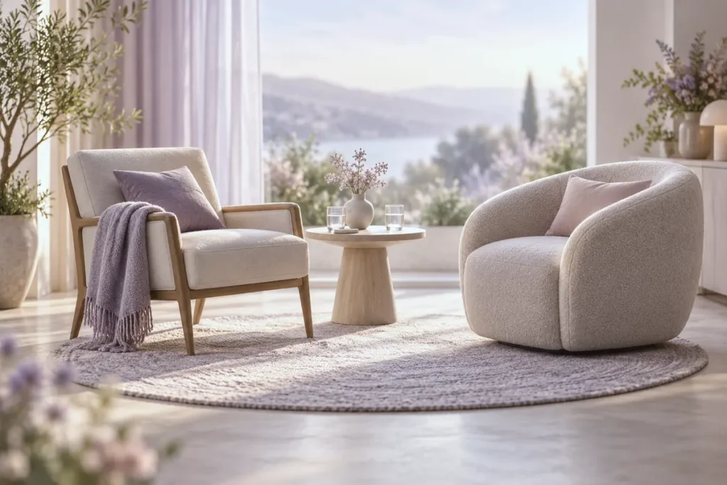 Two armchairs facing each other across a round rug with two glasses of water