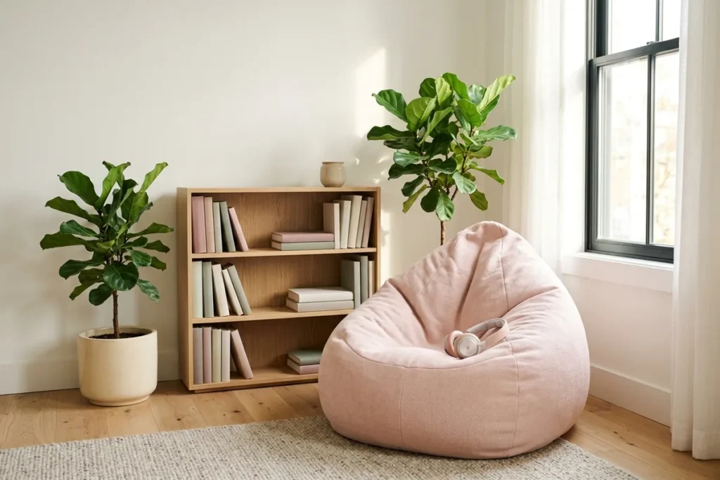 A beanbag chair with headphones resting on it beside a low bookshelf and a plant