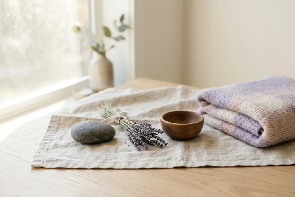 A smooth stone, a sprig of lavender and a wooden bowl on a linen cloth