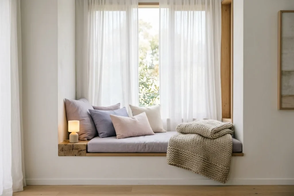 A cushioned window alcove with a knit throw and a softly glowing lamp