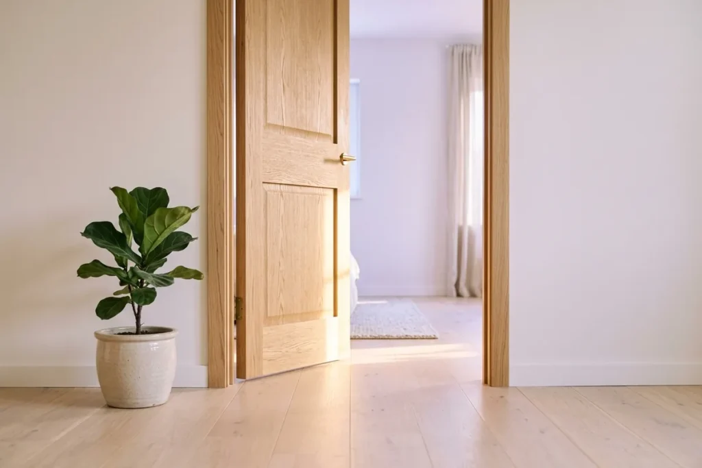 A wooden door slightly open with warm light spilling through onto the floor